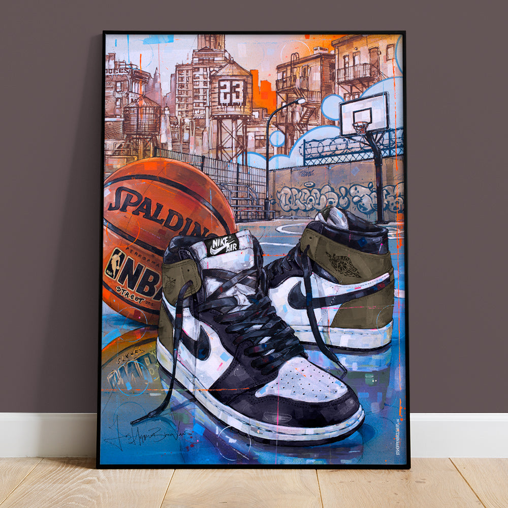 Nike Air Jordan 1 basketball dark mocha print 50x70 cm - framed & signed