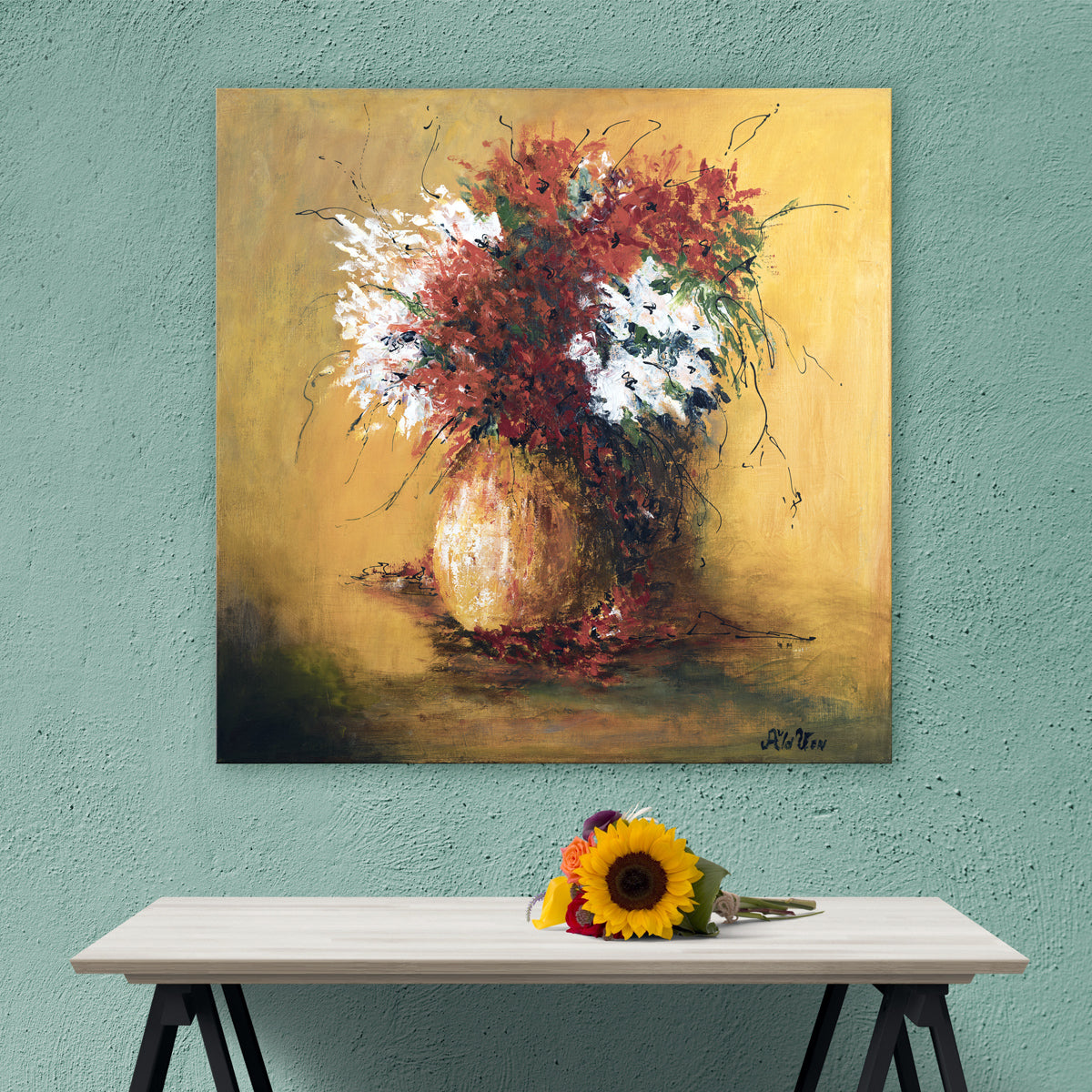 Rode en witte bloemen in vaas schilderij 80x80 cm