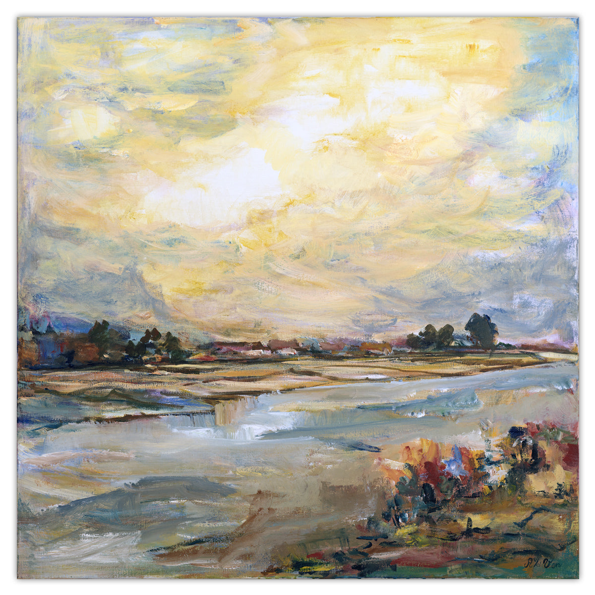 Rivier dorp schilderij 100x100 cm