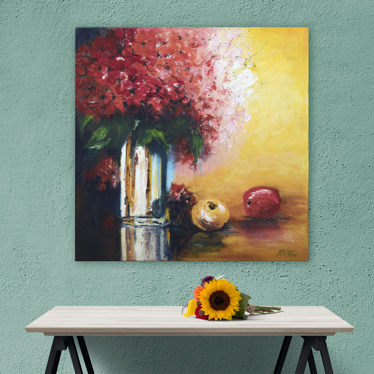 Bloemen met fruit schilderij 80x80 cm