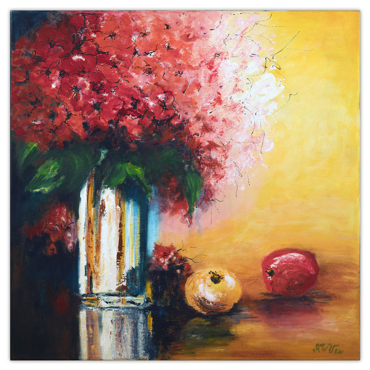 Pintura flores con frutas 80x80 cm