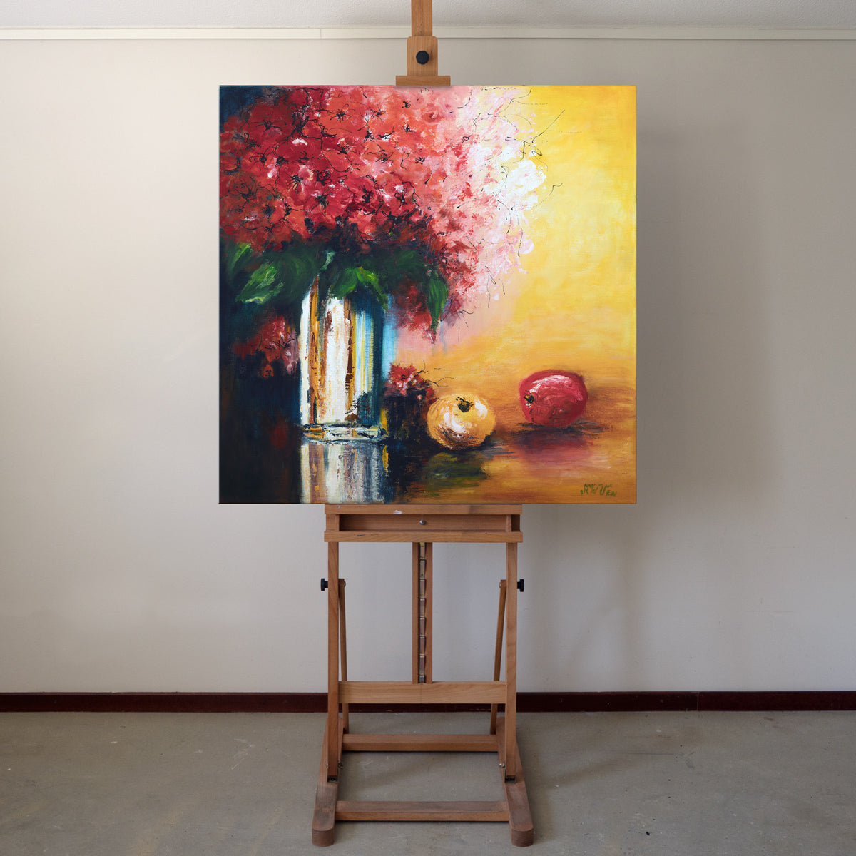 Pintura flores con frutas 80x80 cm