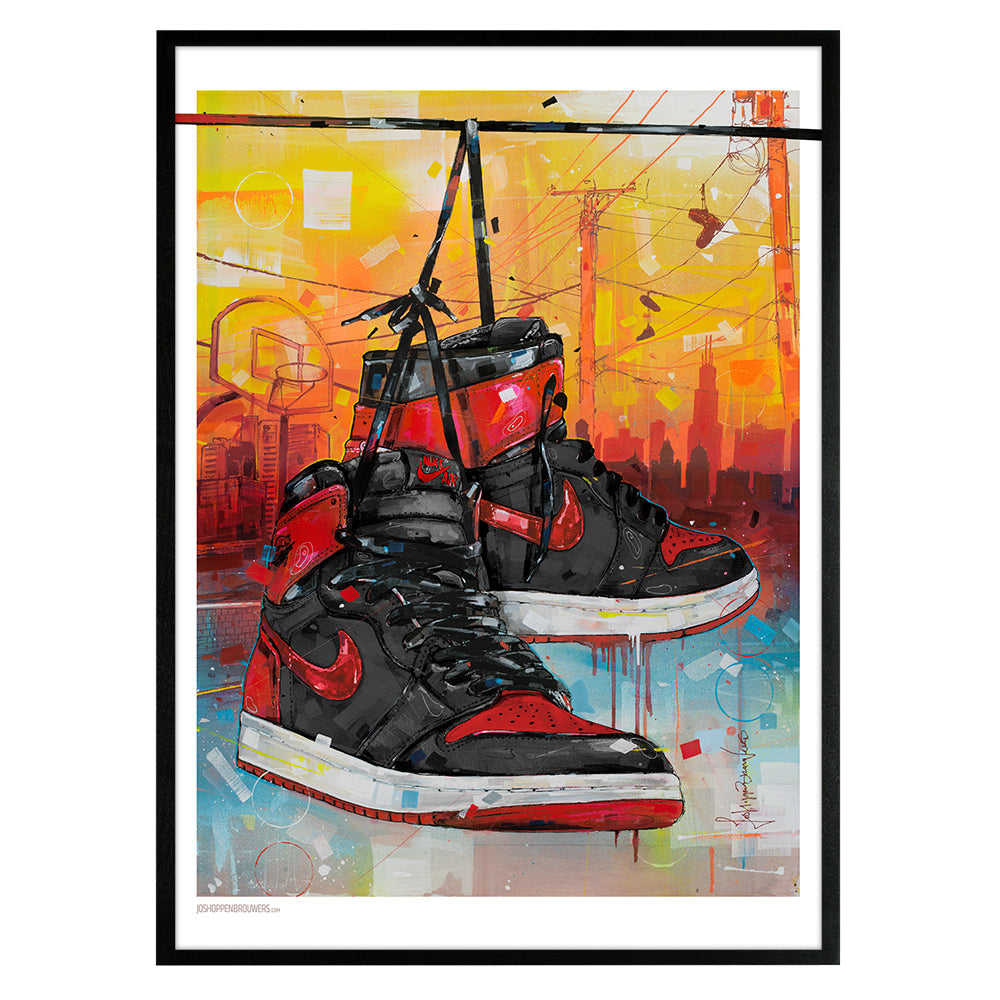 Nike Air Jordan 1 powerlines banned bred print 50x70 cm - ingelijst & gesigneerd