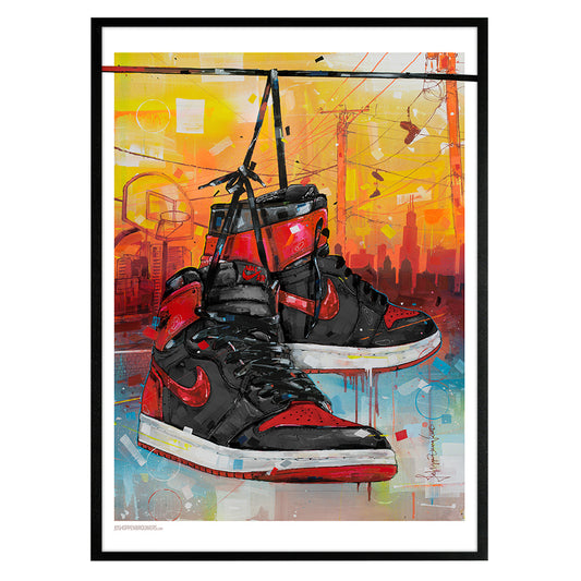 Nike Air Jordan 1 powerlines banned bred estampado 50x70 cm - enmarcado y firmado