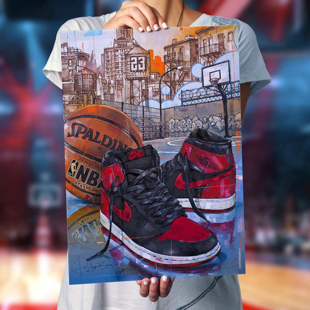 Nike Air Jordan 1 basketball banned bred print 50x70 cm - ingelijst & gesigneerd