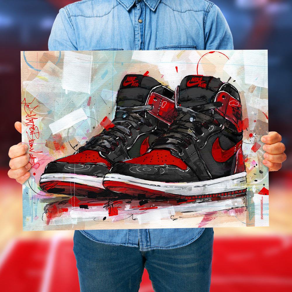 Nike Air Jordan 1 retro high banned bred print 70x50 cm - framed & signed