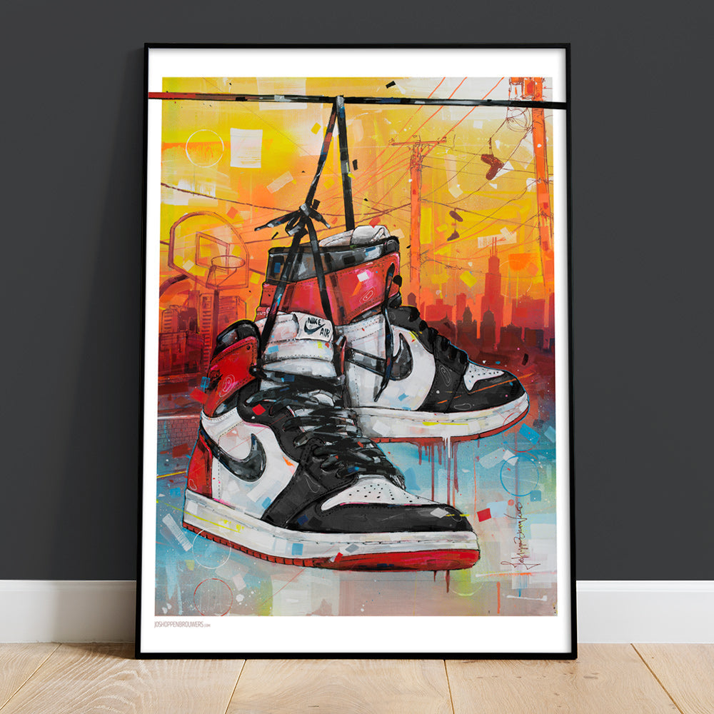 Nike Air Jordan 1 powerlines black toe Druck 50x70 cm - gerahmt und signiert