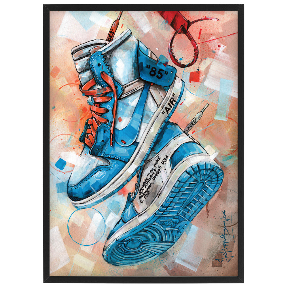 Nike Air Jordan 1 Off White university blue print 29,7x42 cm (A3) - ingelijst & gesigneerd