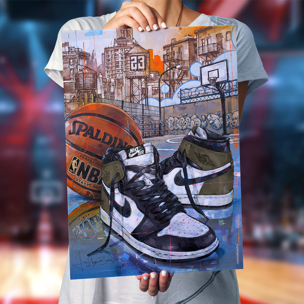 Nike Air Jordan 1 basketball dark mocha estampado 50x70 cm - enmarcado y firmado