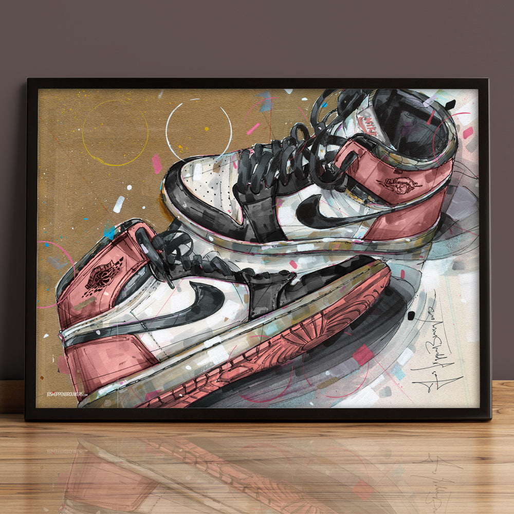 Nike Air Jordan 1 1984 rust pink print 70x50 cm - framed & signed