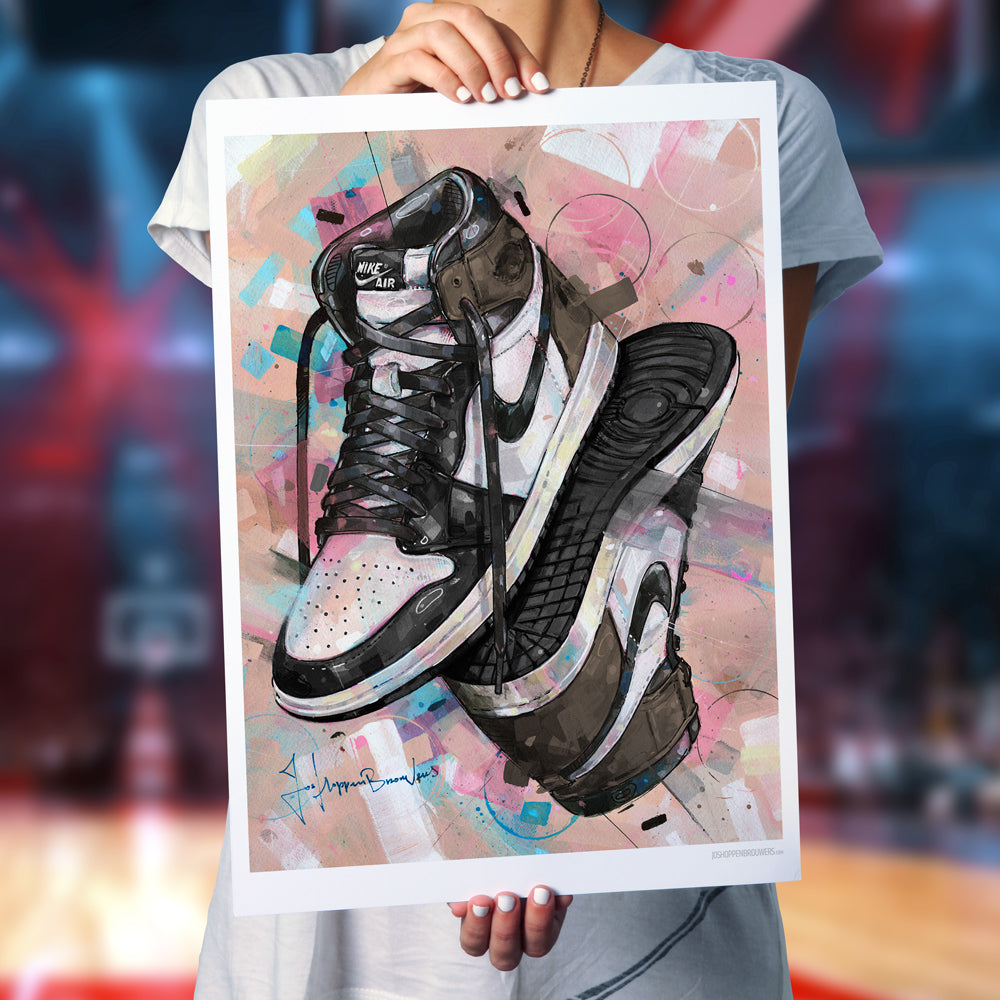 Nike Air Jordan 1 upside down dark mocha print 50x70 cm - framed & signed