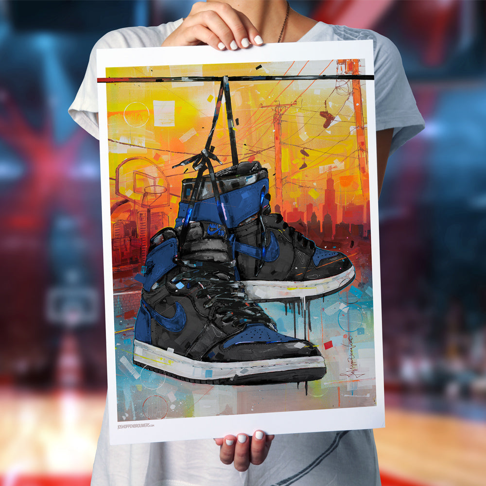 Nike Air Jordan 1 powerlines royal blue print 50x70 cm - ingelijst & gesigneerd