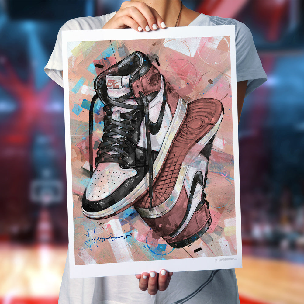 Nike Air Jordan 1 upside down rust pink print 50x70 cm - ingelijst & gesigneerd