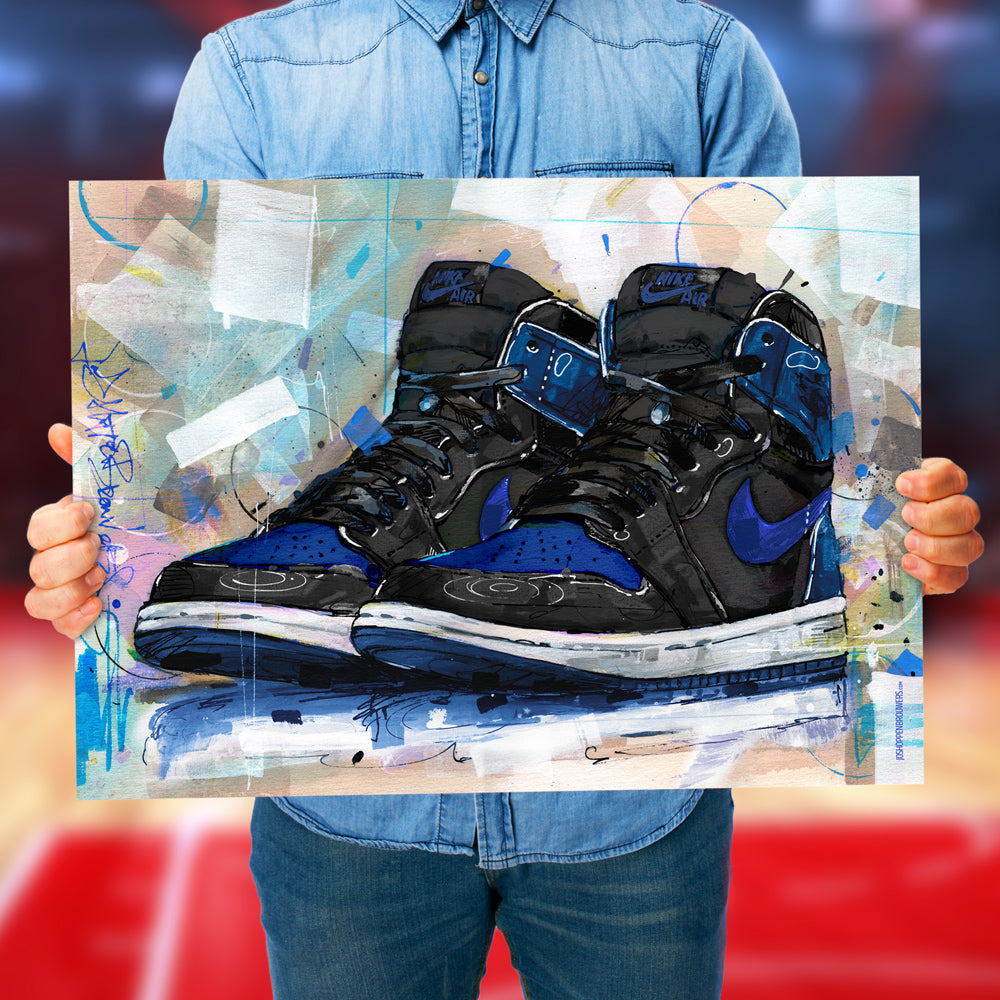 Nike Air Jordan 1 retro high royal blue print 70x50 cm - ingelijst & gesigneerd