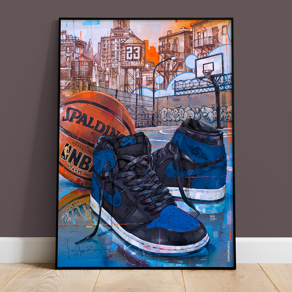 Nike Air Jordan 1 basketball royal blue print 50x70 cm - ingelijst & gesigneerd