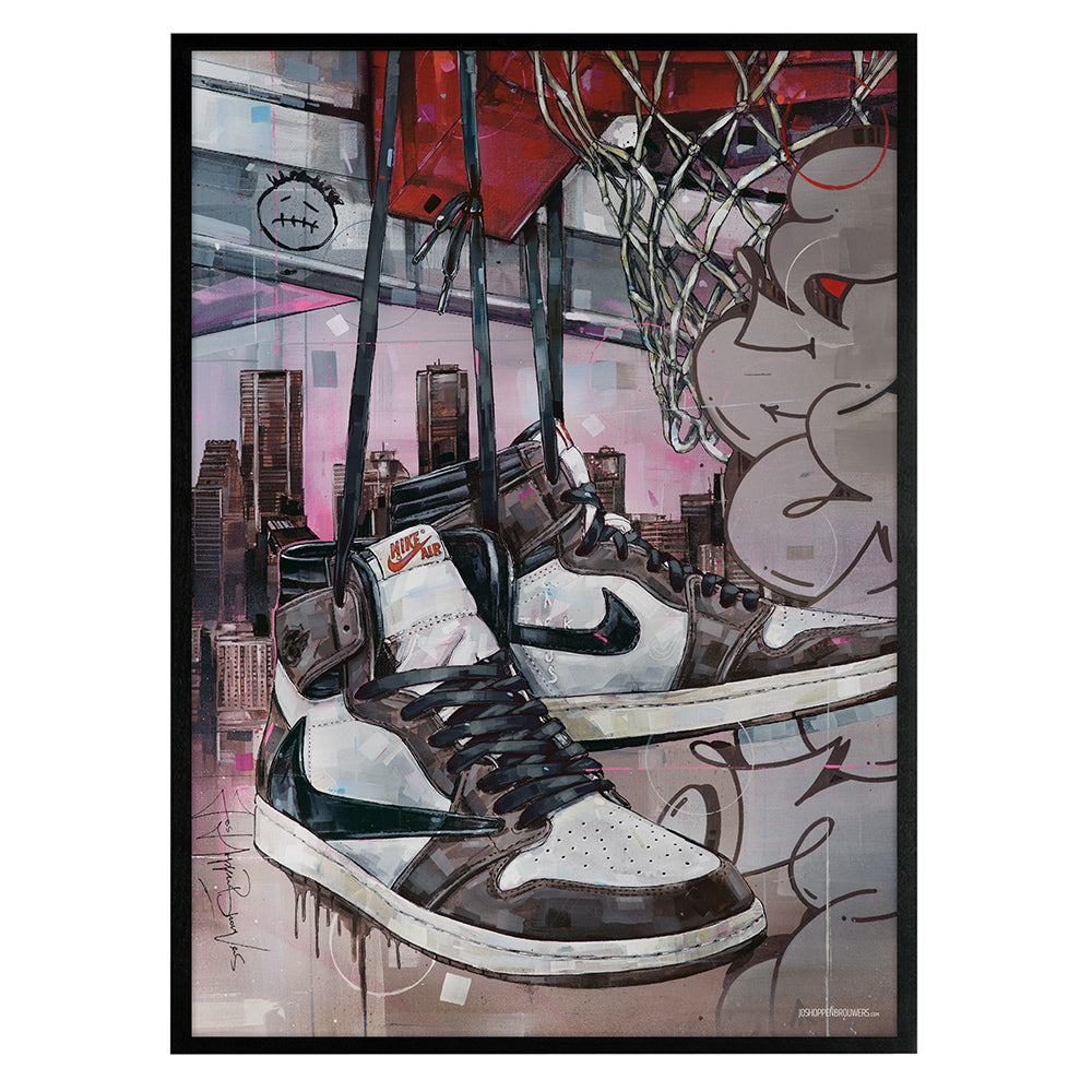 Nike Air Jordan 1 high - black laces basket print 50x70 cm - ingelijst & gesigneerd