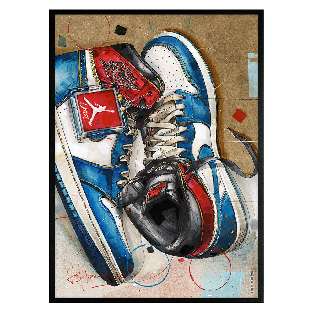 Nike Air Jordan 1 Union LA blue toe print 50x70 cm - framed & signed