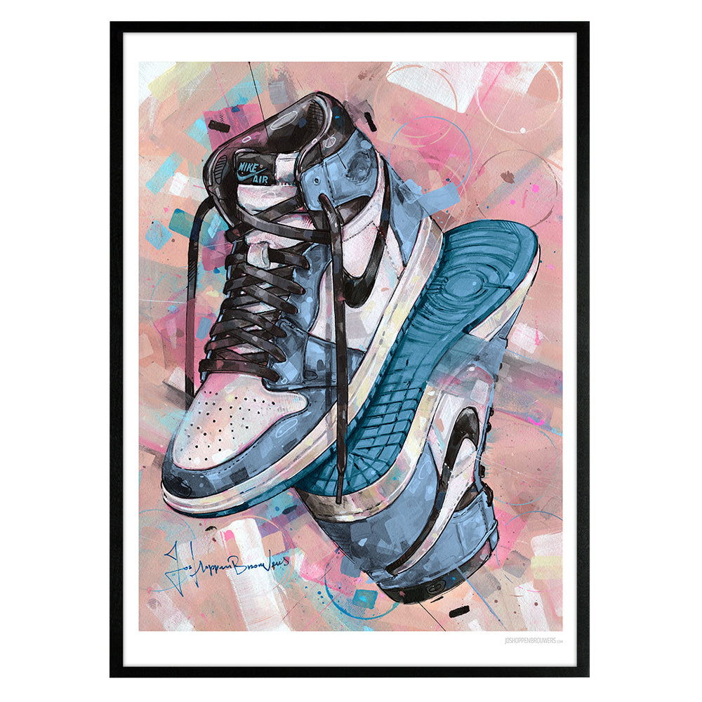 Nike Air Jordan 1 upside down university blue print 50x70 cm - ingelijst & gesigneerd