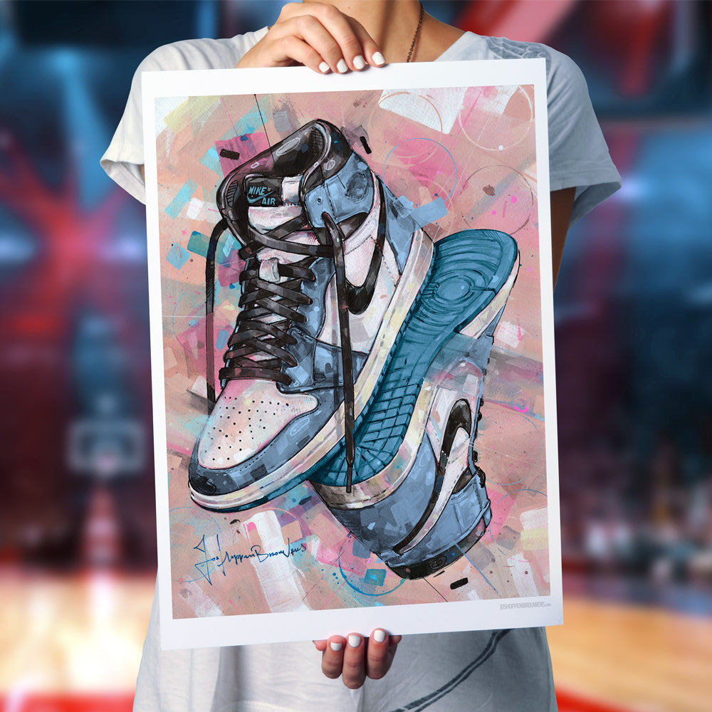 Nike Air Jordan 1 upside down university blue print 50x70 cm - framed & signed