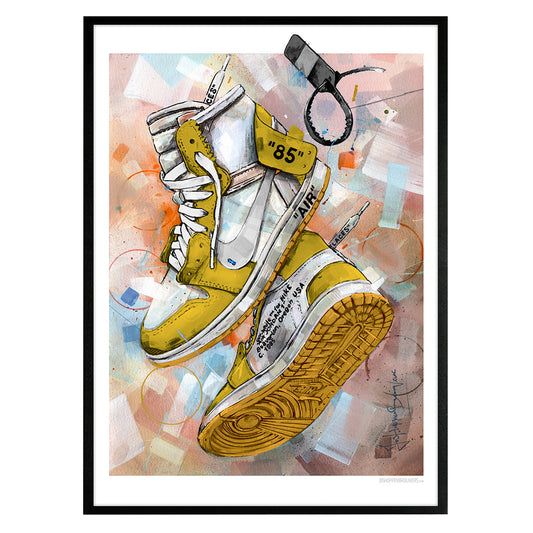 Nike Air Jordan 1 Off White yellow print 50x70 cm - ingelijst & gesigneerd