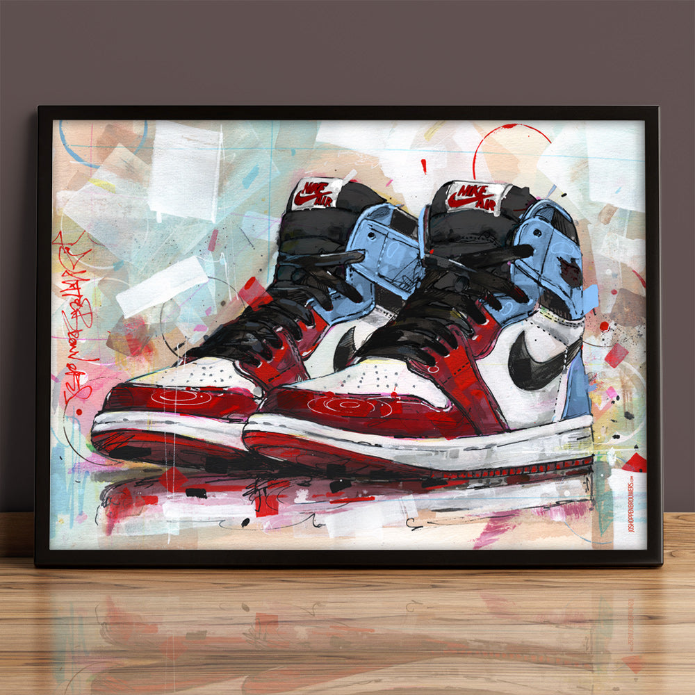 Nike Air Jordan 1 retro high fearless Chicago Druck 70x50 cm - gerahmt und signiert