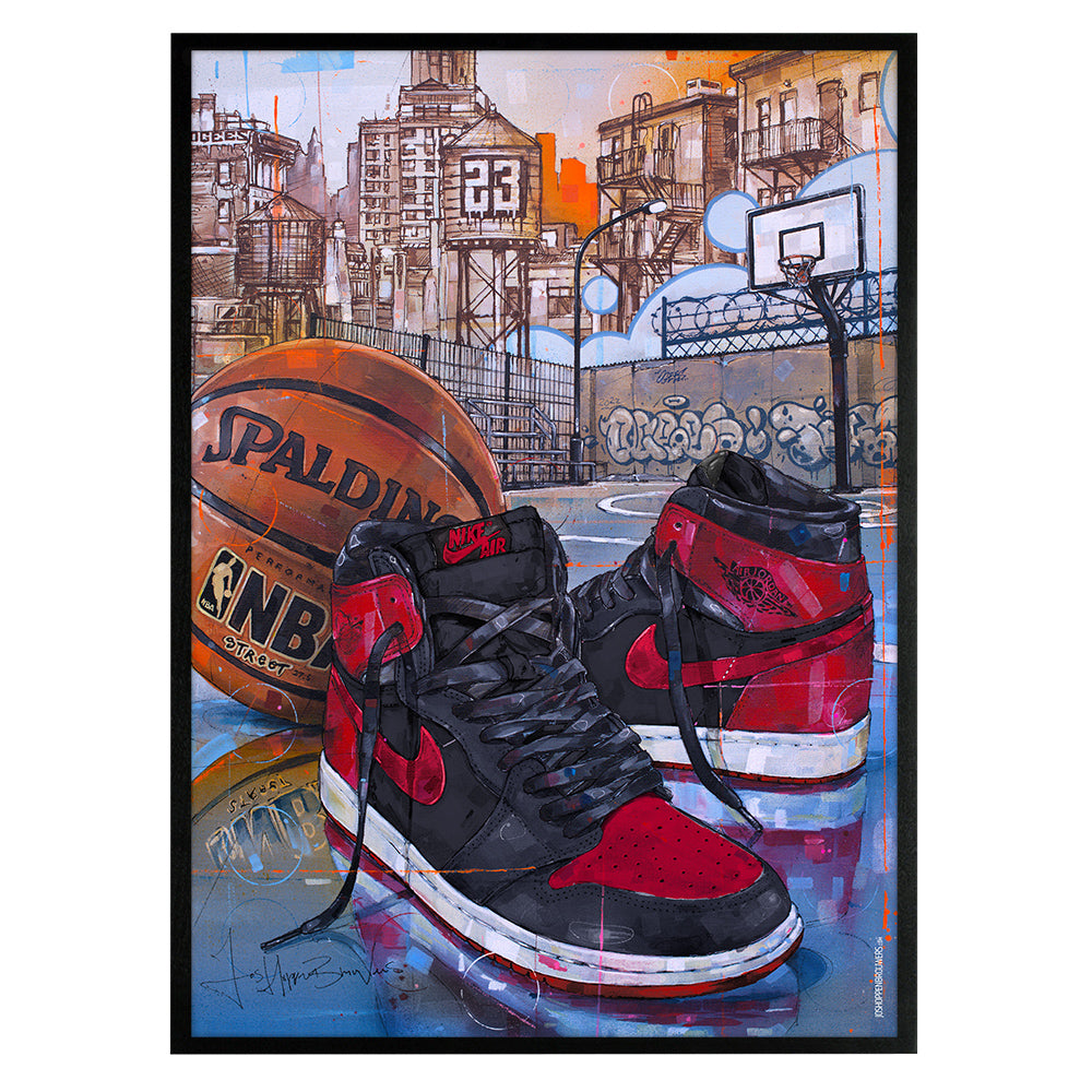 Nike Air Jordan 1 basketball banned bred print 50x70 cm - ingelijst & gesigneerd