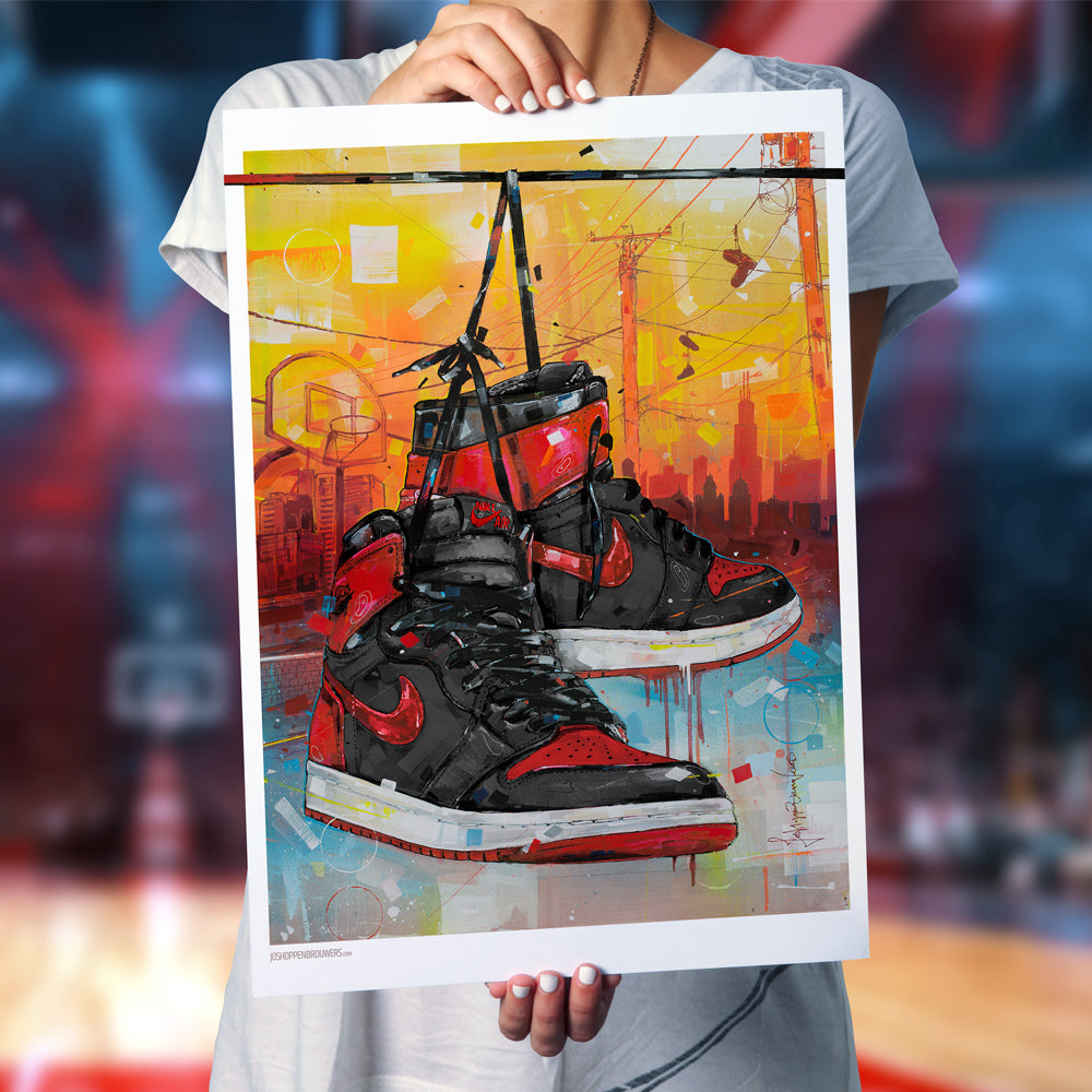 Nike Air Jordan 1 powerlines banned bred print 50x70 cm - framed & signed