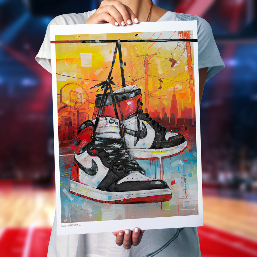 Nike Air Jordan 1 powerlines black toe estampado 50x70 cm - enmarcado y firmado