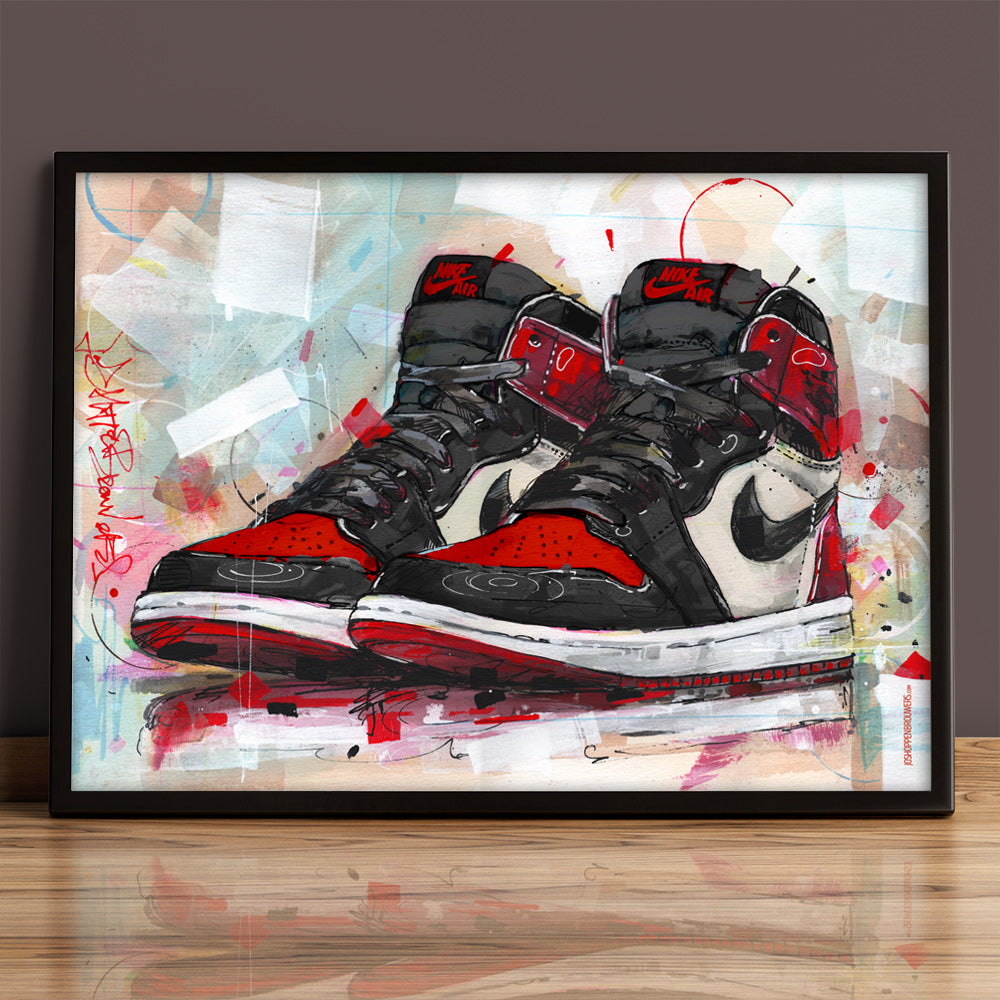 Nike Air Jordan 1 retro high bred toe estampado 70x50 cm - enmarcado y firmado