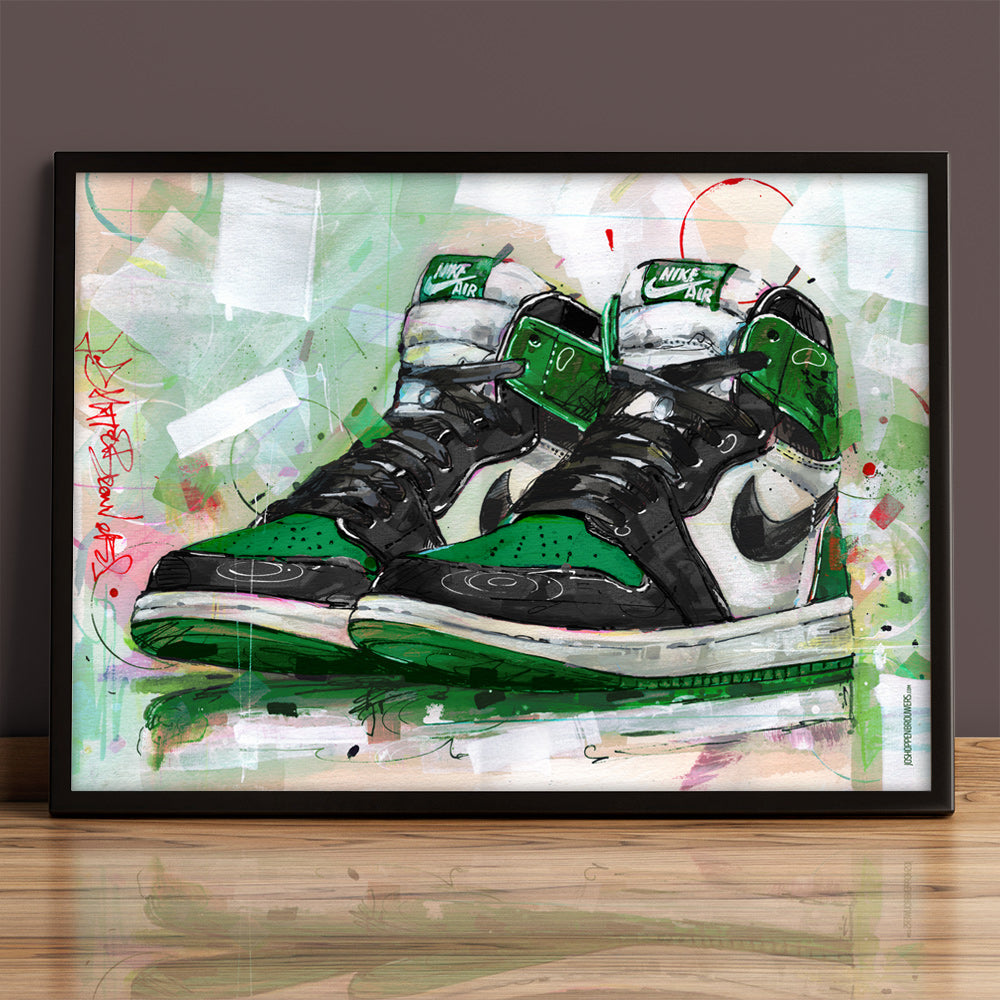 Nike Air Jordan 1 retro high pine green print 70x50 cm - framed & signed