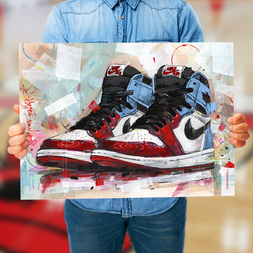 Nike Air Jordan 1 retro high fearless Chicago Druck 70x50 cm - gerahmt und signiert