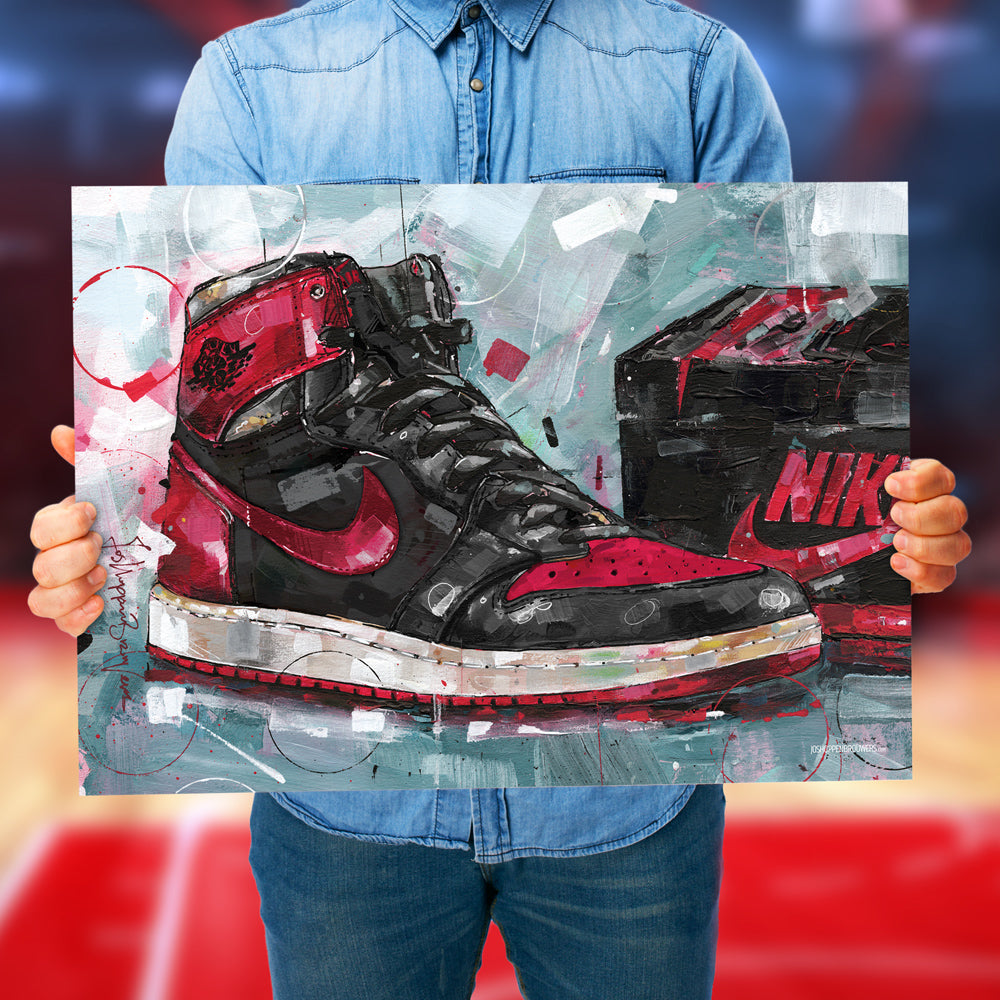 Nike Air Jordan 1 shoebox banned bred Druck 70x50 cm - gerahmt und signiert