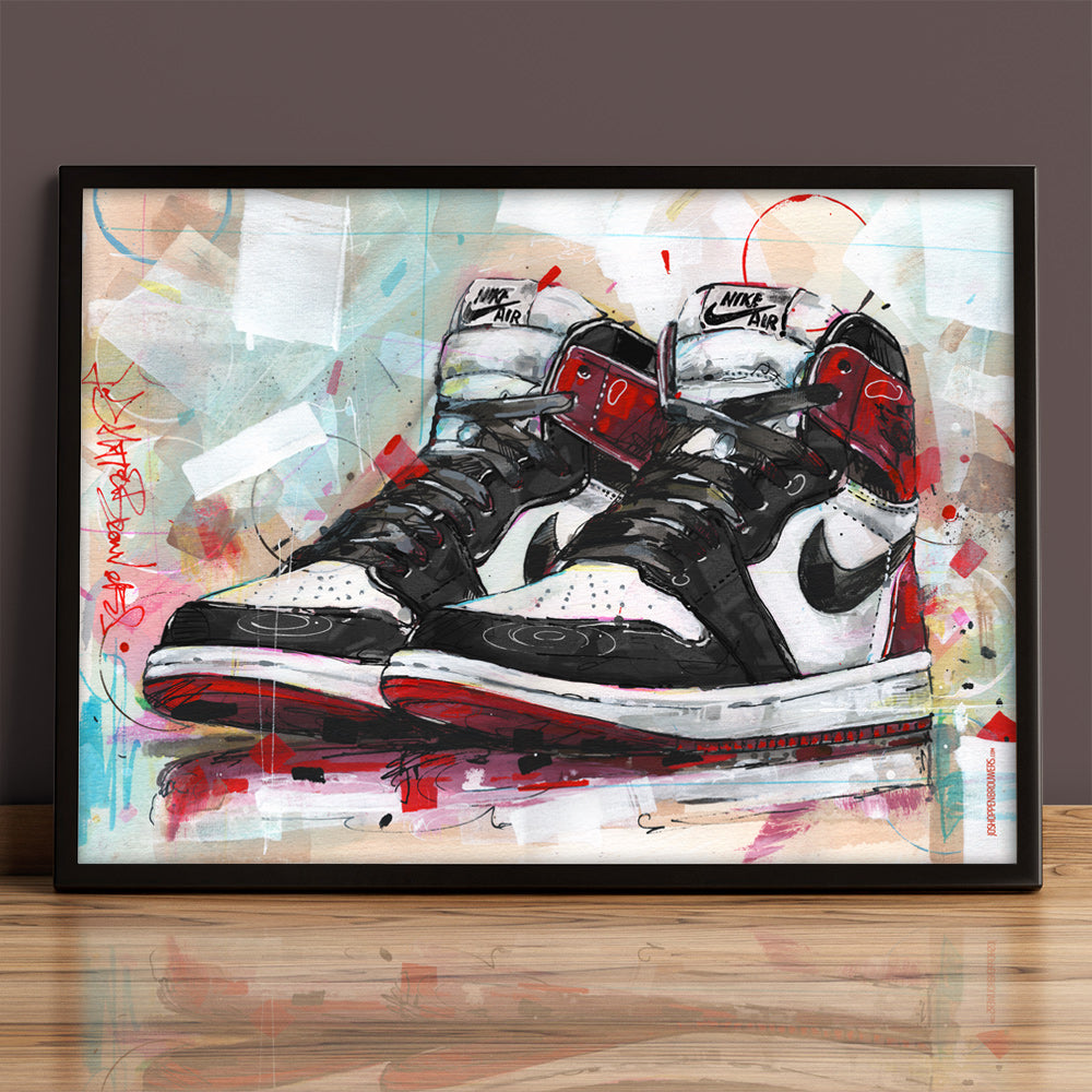 Nike Air Jordan 1 retro high black toe print 70x50 cm - ingelijst & gesigneerd