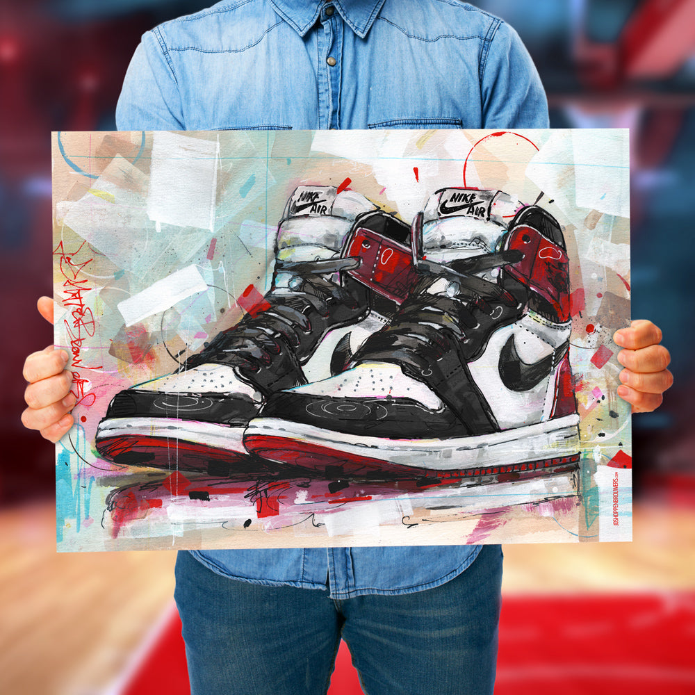 Nike Air Jordan 1 retro high black toe print 70x50 cm - ingelijst & gesigneerd