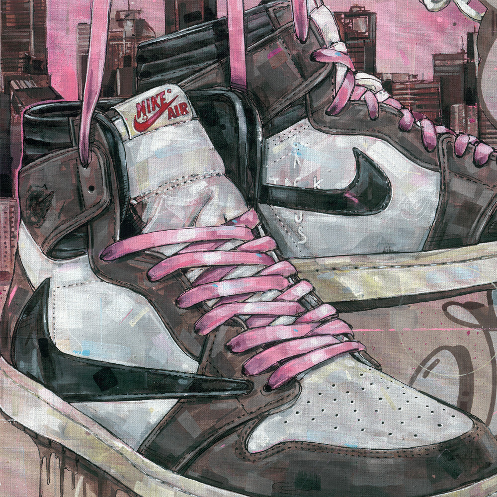 Nike Air Jordan high Travis Scott pink laces basket painting