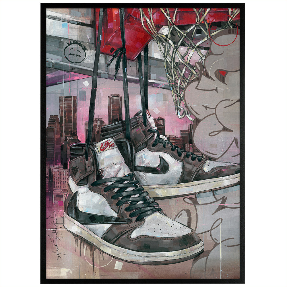 Nike Air Jordan 1 high - black laces basket Druck 50x70 cm - gerahmt und signiert