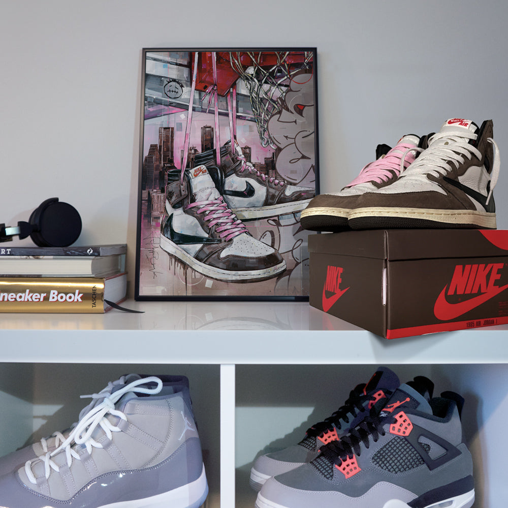 Nike Air Jordan 1 Travis Scott high - pink laces basket art print