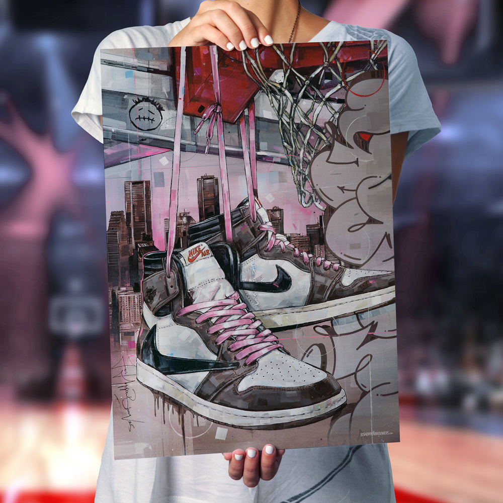 Nike Air Jordan 1 high - pink laces basket print 50x70 cm - ingelijst & gesigneerd