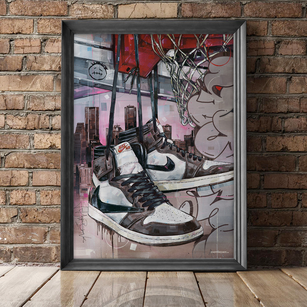 Nike Air Jordan 1 high - black laces basket print 50x70 cm - ingelijst & gesigneerd