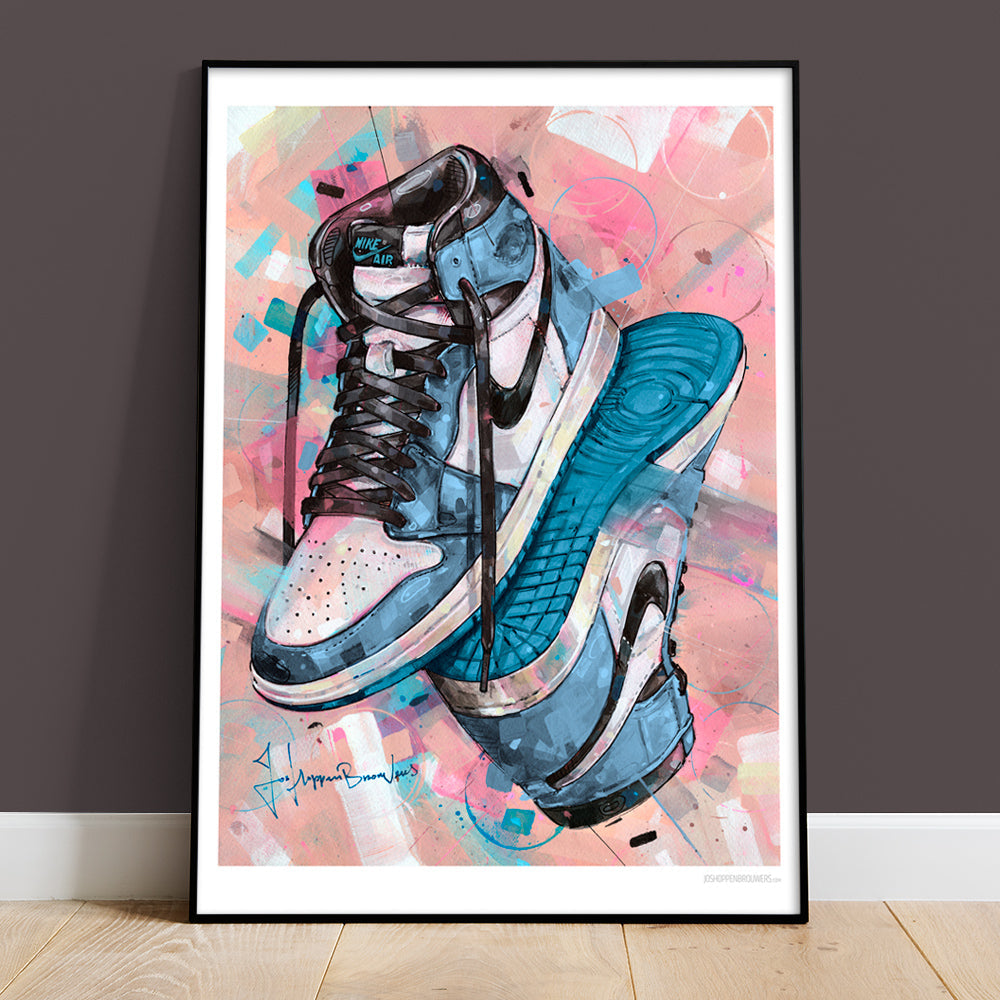 Nike Air Jordan 1 upside down university blue print 50x70 cm - framed & signed