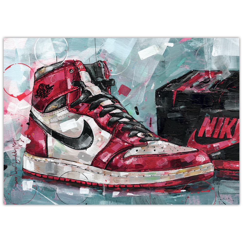 Nike Air Jordan 1 shoebox Chicago Druck 42x29,7 cm (A3) - gerahmt und signiert