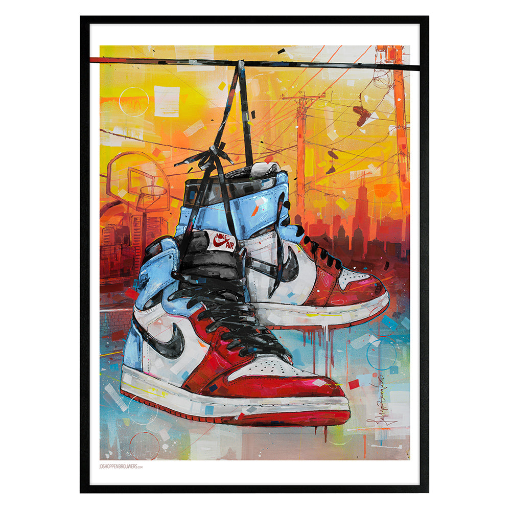 Nike Air Jordan 1 powerlines fearless Chicago print 50x70 cm - ingelijst & gesigneerd