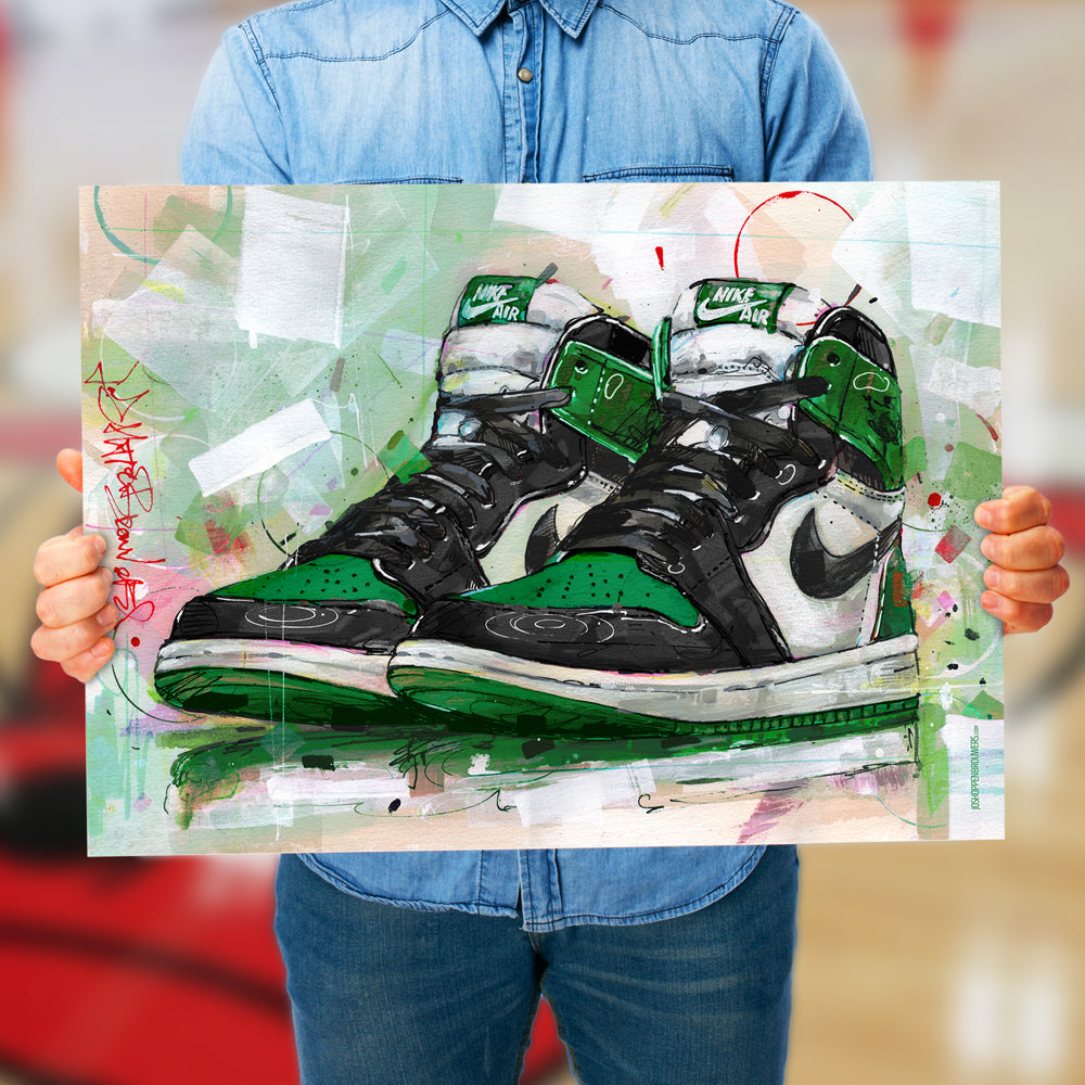 Nike Air Jordan 1 retro high pine green print 70x50 cm - framed & signed