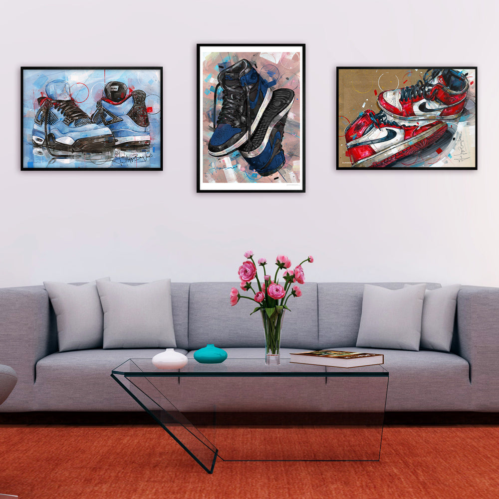 Nike Air Jordan 1 upside down royal blue print 50x70 cm - framed & signed