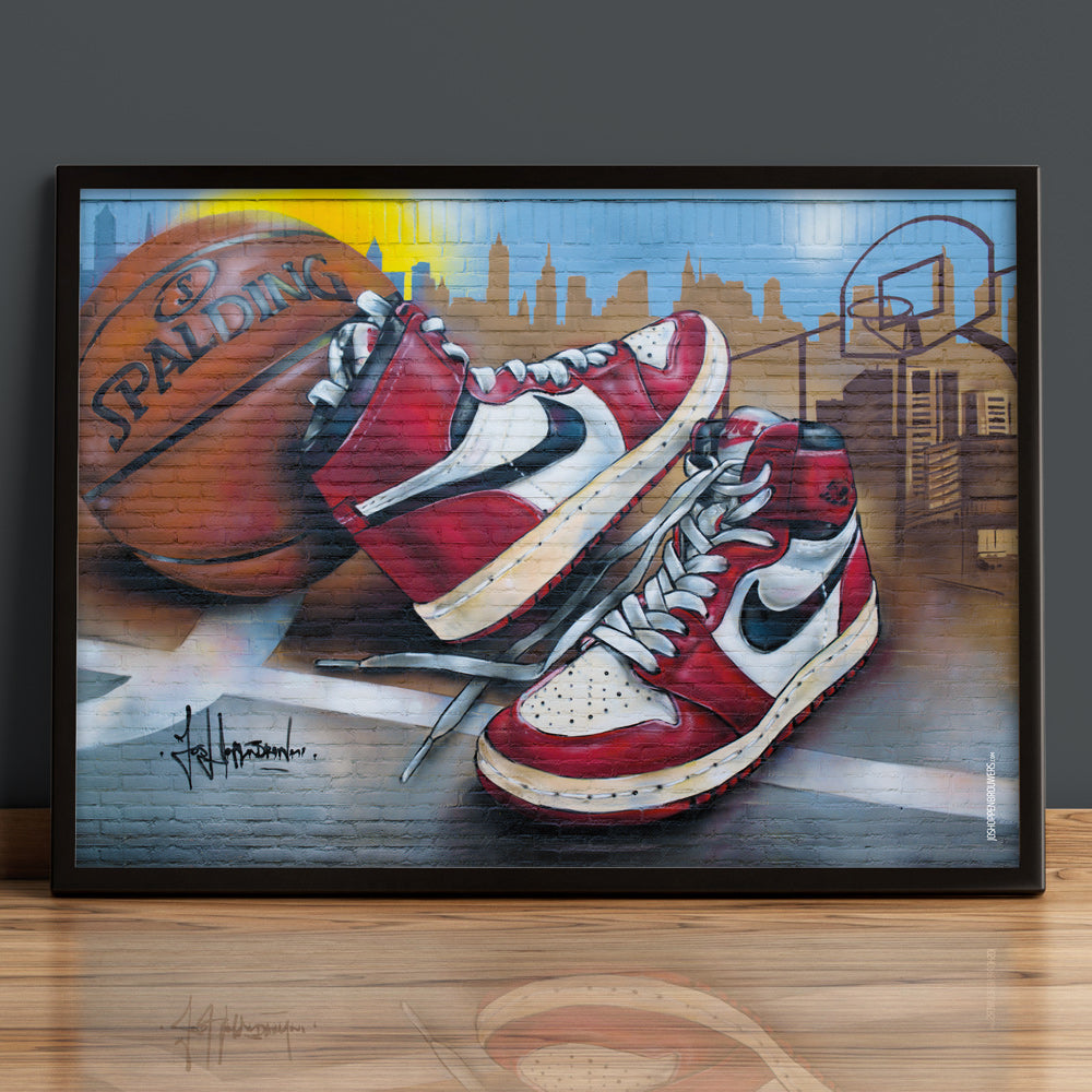 Nike Air Jordan 1 basketball graffiti Chicago Druck 70x50 cm - gerahmt und signiert