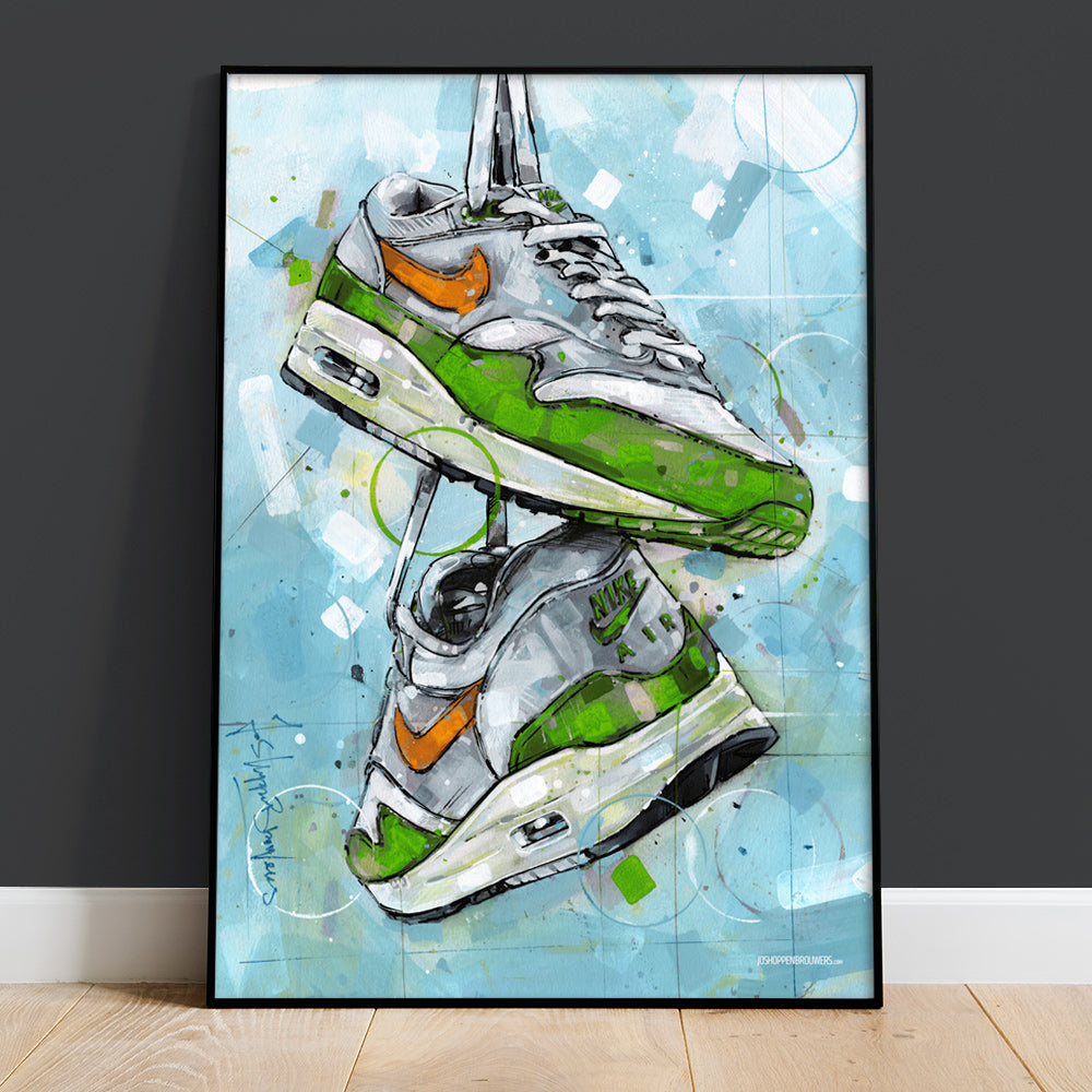 Nike Air Max 1 green print 50x70 cm - framed & signed