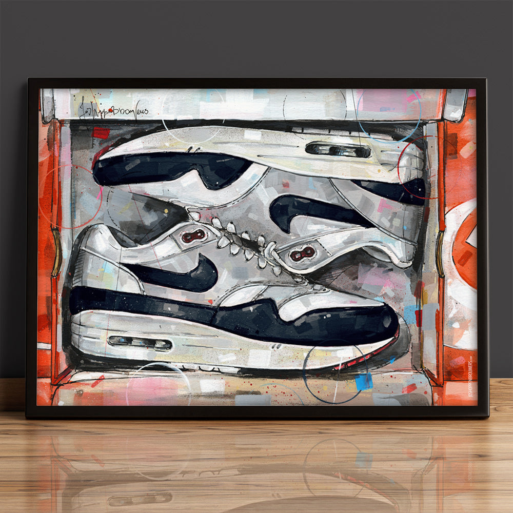 Nike Air Max 1 shoebox OG dark obsidian print 70x50 cm - framed & signed