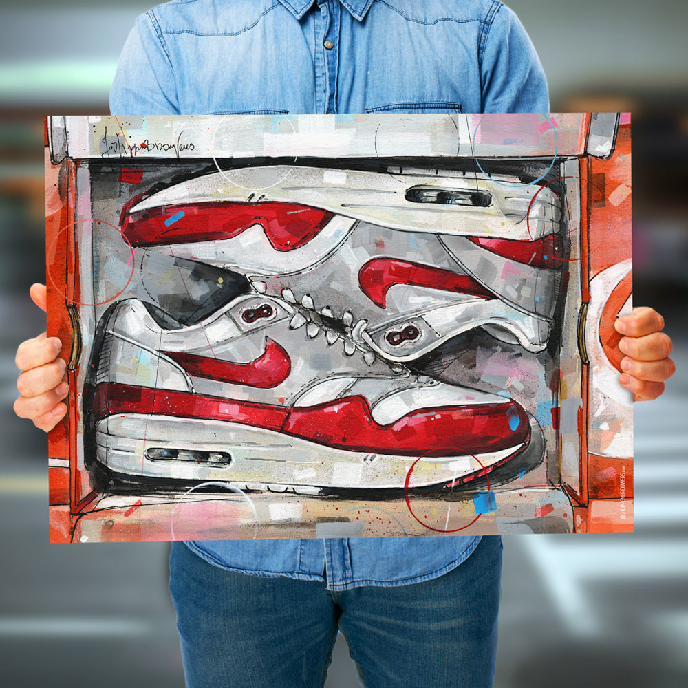 Nike Air Max 1 shoebox OG red Druck 70x50 cm - gerahmt und signiert