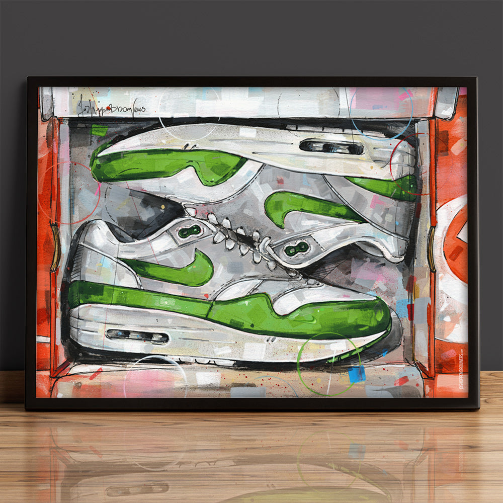 Nike Air Max 1 shoebox Patta green estampado 70x50 cm - enmarcado y firmado