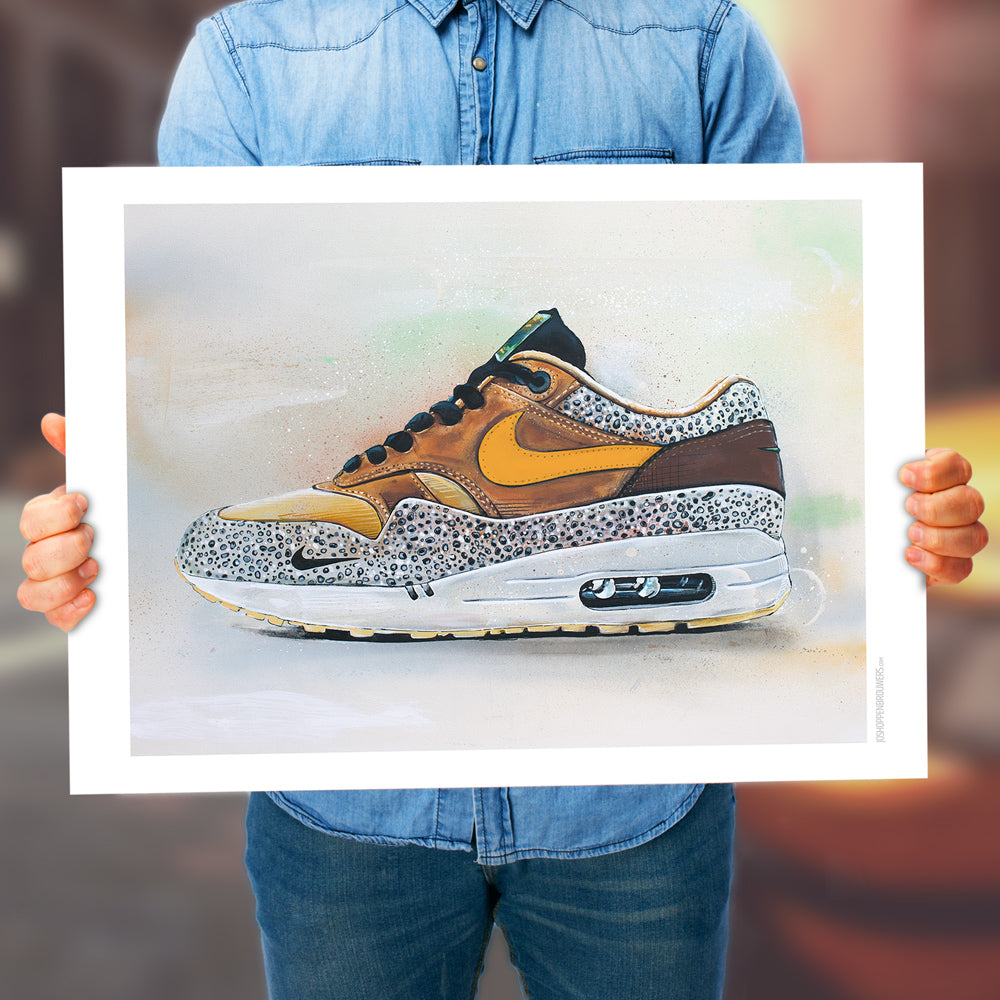 Nike Air Max 1 atmos safari orange print 70x50 cm - framed & signed